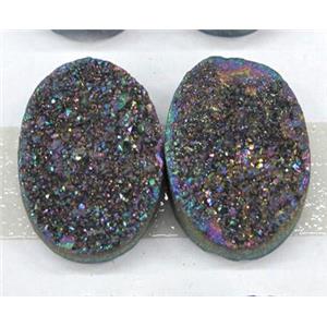 quartz druzy cabochon, oval, rainbow electroplated, approx 13x18mm