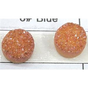 quartz druzy cabochon, flat-round, pink electroplated, approx 10mm dia
