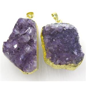 druzy cluster amethyst pendant, freeform, gold plated, approx 25-40mm