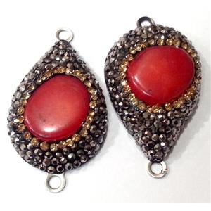 natural coral connector paved rhinestone, stainless steel based, approx 25-35mm