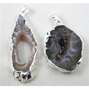 druzy agate geode slice pendant, freeform, silver plated, approx 15-40mm