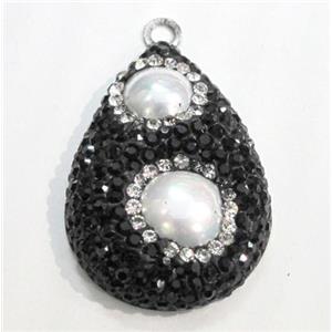pearl pendant paved rhinestone with stainless steel pad, teardrop,, approx 25-35mm