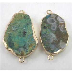 Chrysocolla connector, freeform slice, flat, gold plated, approx 20-30mm