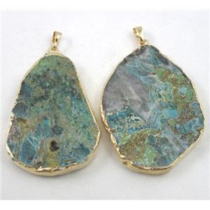 Chrysocolla pendant, freeform slice, flat, gold plated, approx 35-55mm