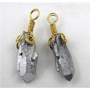 clear quartz earring pendant, freeform, silver electroplated, gold wire wrapped, approx 8-40mm