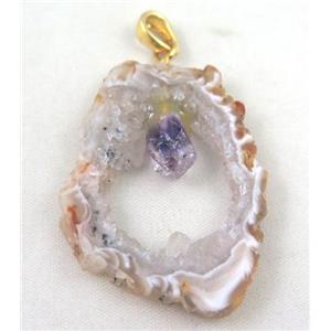 druzy agate slice pendant, freeform, paved gems, gold plated, approx 20-40mm