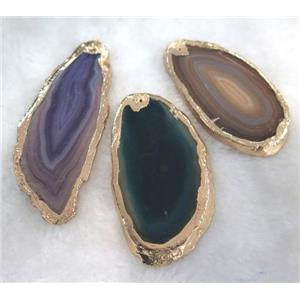 agate slice pendant, freeform, mixed color, gold plated, approx 20-60mm