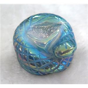 druzy agate cabochon, snake, carved, green ab-color electroplated, approx 25-40mm
