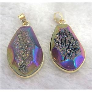 druzy quartz pendant, faceted teardrop, rainbow electroplated, approx 15-28mm