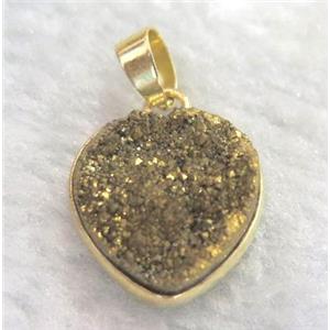 golden druzy quartz pendant, heart, approx 14mm