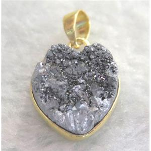 silver druzy quartz pendant, heart, approx 14mm
