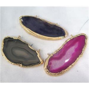 agate pendant with 2-holes, freeform slice, mixed color, gold plated, approx 20-60mm