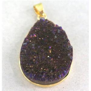 druzy quartz pendant, teardrop, purple electroplated, approx 22x30mm