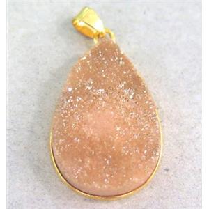 pink druzy quartz pendant, teardrop, approx 22x30mm