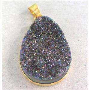 quartz druzy pendant, teardrop, rainbow electroplated, approx 22x30mm
