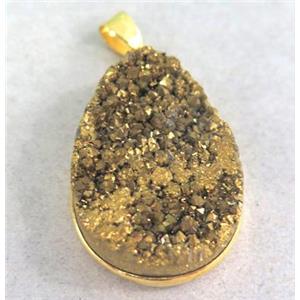 druzy quartz pendant, teardrop, gold electroplated, approx 22x30mm