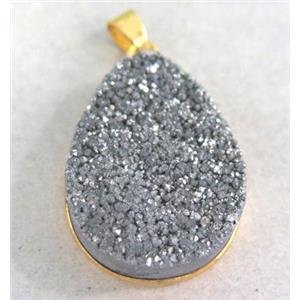 druzy quartz pendant, teardrop, silver electroplated, approx 22x30mm