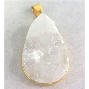 white druzy quartz pendant, teardrop, approx 22x30mm