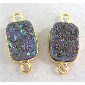 druzy quartz connector, rectangle, rainbow electroplated, approx 10x14mm