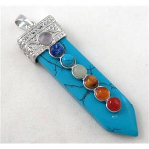 turquoise Chakra pendant paved gems, bullet, blue, approx 16x55mm