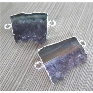 druzy amethyst slab pendant with 2-loops, freeform, silver plated, approx 10-30mm