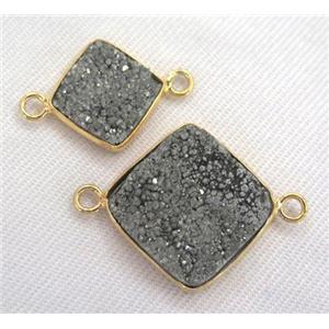 druzy quartz connector, square, silver electroplated, approx 17x17mm