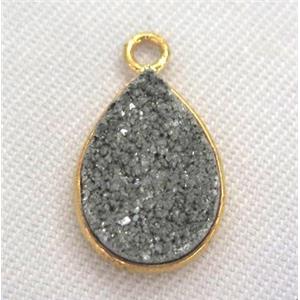 druzy quartz connector, teardrop, silver electroplated, approx 10-15mm