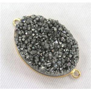 Druzy quartz connector, oval, silver plated, approx 20-30mm