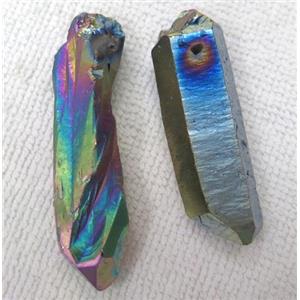 Clear Quartz pendant, freeform stick, rainbow electroplated, approx 30-60mm