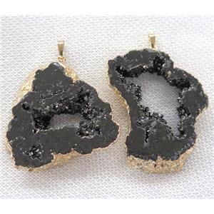 druzy agate pendant, freeform slice, black electroplated, approx 30-60mm