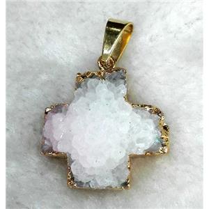 white druzy quartz pendant, cross, gold plated, approx 24-28mm