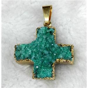 green quartz druzy pendant, cross, gold plated, approx 24-28mm