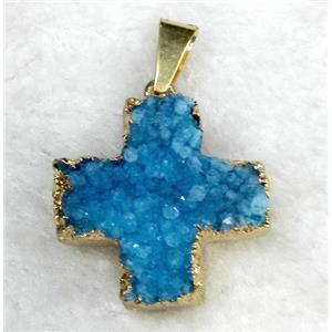 blue quartz druzy pendant, cross, gold plated, approx 24-28mm