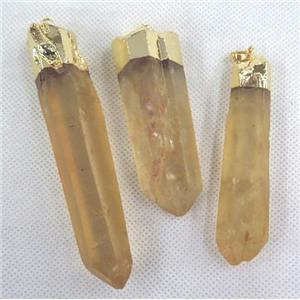 clear quartz pendant, stick, yellow dye, gold plated, approx 20-70mm