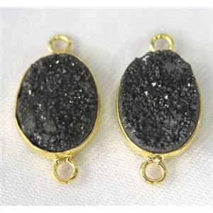 druzy quartz connector, oval, black electroplated, approx 12x16mm