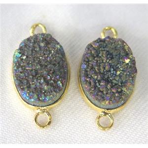 druzy quartz connector, oval, rainbow electroplated, approx 10x14mm
