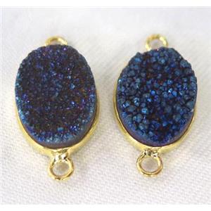 druzy quartz connector, oval, blue electroplated, approx 12x16mm