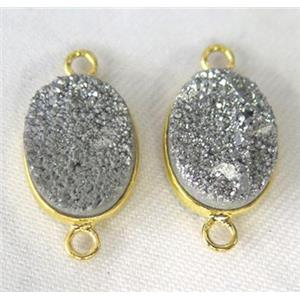 druzy quartz connector, oval, silver electroplated, approx 12x16mm