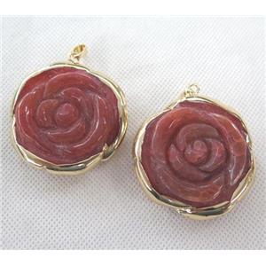 Agate pendant, red, flower, gold plated, approx 45mm dia