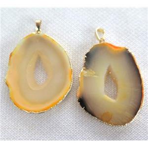 Yellow Agate slice pendant with Druzy, freeform, gold plated, approx 20-50mm