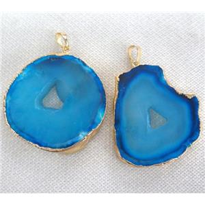 blue Agate slice pendant with Druzy, freeform, gold plated, approx 20-50mm