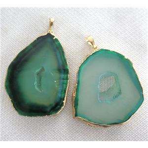 green Agate slice Druzy pendant, freeform slice, gold plated, approx 20-50mm