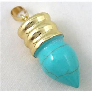 green turquoise bullet pendant, gole plated, approx 14-35mm