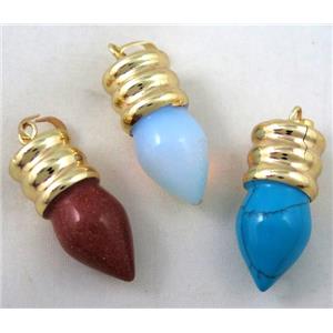 mixed gemstone bullet pendant, gole plated, approx 14-35mm