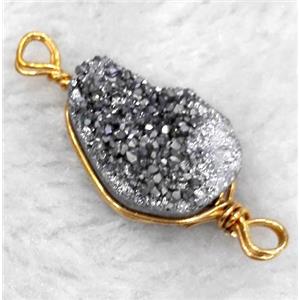 druzy quartz connector, silver electroplated, freeform, wire wrapped, approx 18-30mm