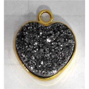 druzy quartz pendant, heart, black plated, approx 14mm dia