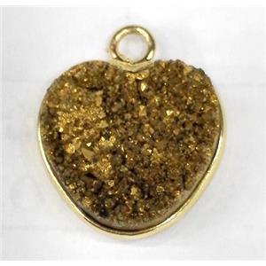druzy quartz heart pendant, gold plated, approx 14mm dia