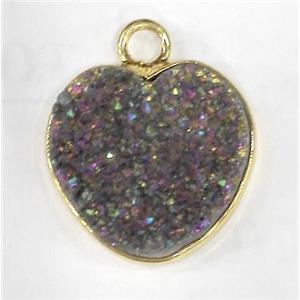 druzy quartz heart pendant, rainbow electroplated, approx 14mm dia