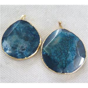 blue agate pendant, faceted teardrop, gold plated, approx 40-55mm