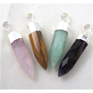 mixed gemstone pendant, bullet, silver plated, approx 10x40mm